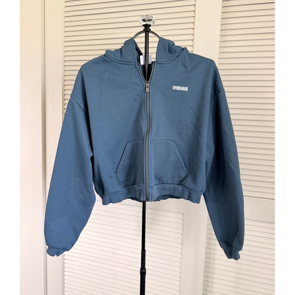 Gymshark Rest Day Essentials Full Zip Hoodie Blue Cropped Sweatshirt Medium